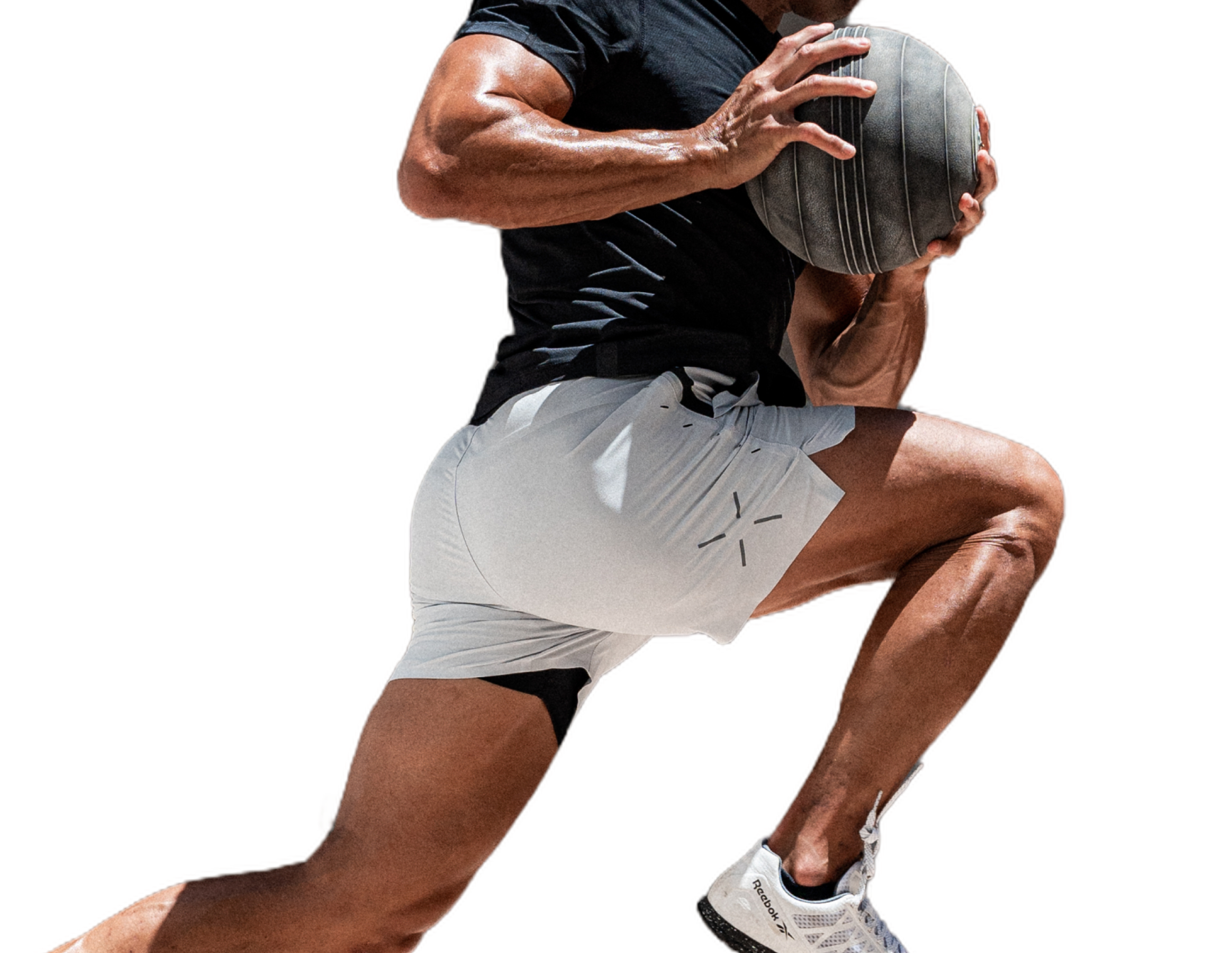 Athlete lunging, showcasing muscular legs and white sneakers.